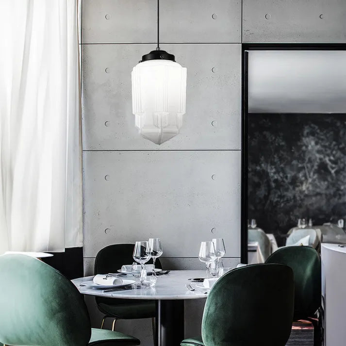 Art Deco-hänglampa med geometrisk skärm från mitten av århundradet