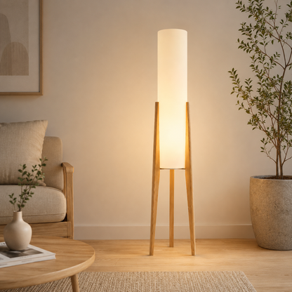 Atmosfärisk Golvlampa med Träfot – Beige Bomullsskärm