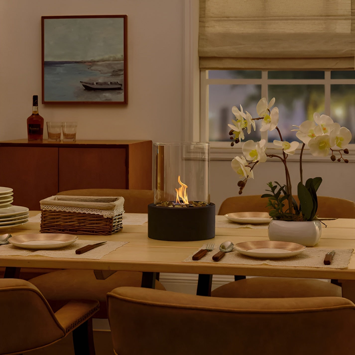 Rund rökfri bordskamin