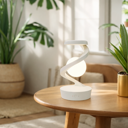 Spiralformad svävande USB-lampa med telefonens trådlösa laddningsplatta