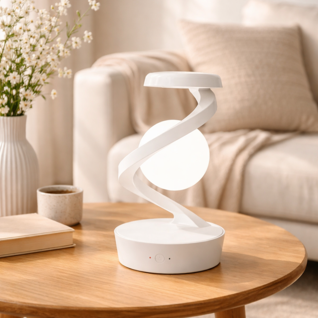 Spiralformad svävande USB-lampa med telefonens trådlösa laddningsplatta