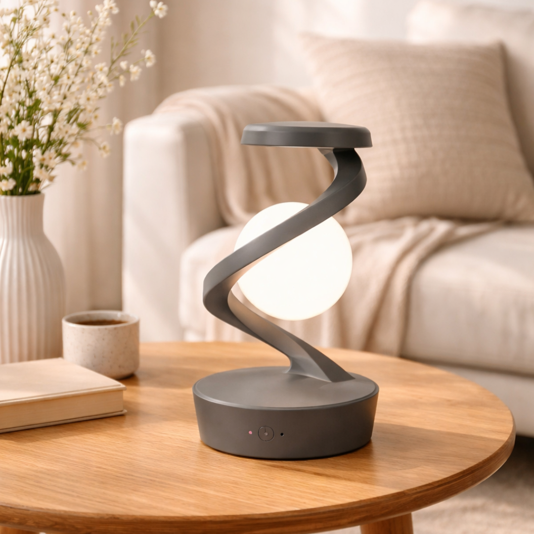 Spiralformad svävande USB-lampa med telefonens trådlösa laddningsplatta