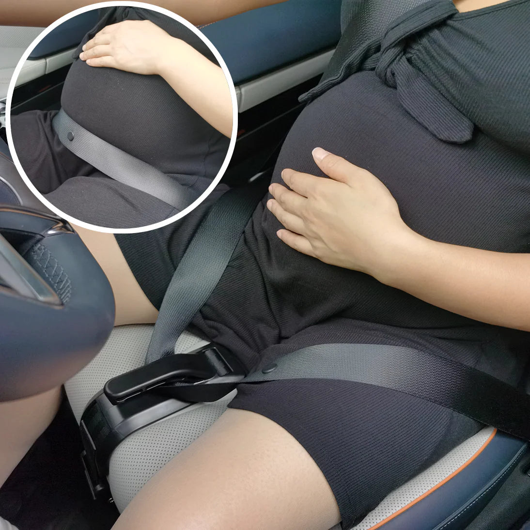 Gravid kvinna med säkerhetsbälte under magen i bilen